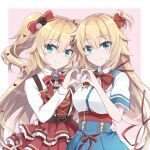  2girls akai_haato aqua_eyes bangs blonde_hair bow bowtie collared_shirt commentary dual_persona hair_bow hair_ornament hand_on_another&#039;s_hip heart heart-shaped_pupils heart_hair_ornament heart_hands heart_hands_duo highres hololive long_hair looking_at_viewer multiple_girls official_alternate_costume pink_background ribbon shirt simple_background smile symbol-shaped_pupils tm-pika upper_body virtual_youtuber 