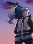  1boy arms_behind_back bird blue_hair closed_mouth clouds cyrus_(pokemon) from_below frown gen_4_pokemon highres honchkrow kyon_(artist) male_focus on_shoulder outdoors pokemon pokemon_(creature) pokemon_(game) pokemon_dppt pokemon_on_shoulder short_hair sky sleeveless sleeveless_jacket spiky_hair team_galactic twilight 