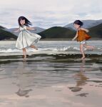  2girls ^_^ ^o^ bangs bare_arms bare_shoulders barefoot beach black_hair camisole child closed_eyes clouds cloudy_sky day dress facing_viewer floating_hair from_side grey_sky hair_behind_ear hand_up happy highres hill leg_up maeya_susumu medium_dress multiple_girls no_nose ocean open_hand open_mouth original outdoors pleated_dress profile red_camisole reflection reflective_water running sand short_hair short_shorts shorts sky sleeveless sleeveless_dress smile spaghetti_strap splashing straight_hair sundress water water_drop white_dress wide_shot wind 