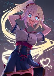  1girl absurdres akai_haato bangs blonde_hair blue_eyes blush bow commentary_request dullahan fangs flaming_eyes heart heart-shaped_pupils highres holding holding_head hololive long_tongue ponytail solo symbol-shaped_pupils tongue tongue_out virtual_youtuber yoshiheihe 