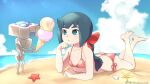  1girl arikindows10 ass bangs barefoot beach bikini blue_eyes blue_hair blue_sky blush bow breasts butt_crack clouds collarbone commission constanze_amalie_von_braunschbank-albrechtsberger double_scoop feet food full_body hair_bow head_on_hand highres holding holding_food ice_cream legs little_witch_academia long_hair lying ocean on_stomach parted_lips ponytail red_bikini red_bow red_swimsuit robot sand seashell shell sidelocks sky small_breasts stanbot_(little_witch_academia) starfish swimsuit the_pose thick_eyebrows thighs twitter_username 