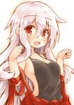  1girl blush breasts chiya_(urara_meirochou) commentary_request eyebrows_visible_through_hair fang hair_between_eyes highres kareya long_hair looking_at_viewer medium_breasts open_mouth red_eyes simple_background skin_fang smile solo urara_meirochou white_background white_hair 