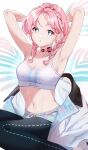  1girl arknights armpits arms_behind_head bangs black_pants blue_eyes blue_poison_(arknights) blue_poison_(shoal_beat)_(arknights) braid choker eyebrows_visible_through_hair highres ichibi jacket jacket_removed long_hair looking_at_viewer navel pants pink_choker pink_hair shoes solo sports_bra stomach sweat twin_braids white_footwear white_jacket 