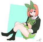  1girl bangs black_jacket black_legwear blazer blue_background blue_eyes blush bow breasts collared_shirt commentary_request crossed_legs eyebrows_behind_hair full_body go-toubun_no_hanayome green_bow green_ribbon green_skirt hair_between_eyes hair_ribbon highres jacket knees_up kujou_karasuma looking_at_viewer medium_breasts nakano_yotsuba no_shoes open_clothes open_jacket open_mouth orange_hair pleated_skirt ribbon shirt signature sitting skirt socks solo sweat sweater_vest two-tone_background wavy_mouth white_background white_shirt 