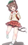  1girl :d animal_ear_fluff animal_ears backpack bag blush brown_eyes brown_hair cat_ears cat_tail chen fang flat_chest full_body hat highres looking_at_viewer mamemochi mob_cap multiple_tails nekomata open_mouth pink_skirt pleated_skirt randoseru short_hair shorts simple_background skin_fang skirt smile solo tail touhou two_tails walking white_background 