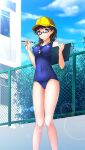  1girl baseball_cap black-framed_eyewear black_hair blue_eyes blue_sky blue_swimsuit braid breasts character_request clouds collarbone covered_navel day doukyuusei_another_world from_below game_cg glasses hat holding holding_pen lens_flare long_hair medium_breasts official_art outdoors pen rectangular_eyewear school_swimsuit semi-rimless_eyewear sky solo standing sunlight swimsuit twin_braids under-rim_eyewear whistle whistle_around_neck yellow_headwear 