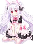 1girl :o alternate_costume animal_ears apron azur_lane bangs between_legs black_bow black_dress black_footwear blush bow bunny_hair_ornament commentary_request dress enmaided eyebrows_visible_through_hair frilled_apron frilled_dress frills hair_between_eyes hair_bow hair_ornament hand_between_legs highres laffey_(azur_lane) looking_at_viewer maid maid_apron maid_headdress pantyhose parted_lips puffy_short_sleeves puffy_sleeves rabbit_ears shadow shikito shoes short_sleeves silver_hair solo twintails white_apron white_background white_legwear wrist_cuffs 