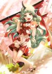  1girl animal_ears aqua_hair buttons cherry_blossoms cloud_print curly_hair day full_body geta green_eyes green_hair heart highres horns jill_07km kariyushi_shirt komainu komano_aunn long_hair outdoors paw_pose red_shirt shirt shorts single_horn temple_gate touhou white_shorts 