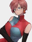  1girl alternate_hair_length alternate_hairstyle android_21 blue_eyes breasts checkered checkered_dress dragon_ball dragon_ball_fighterz dress earrings glasses grey_background hoop_earrings jewelry kemachiku large_breasts long_hair looking_at_viewer redhead short_hair simple_background solo upper_body 