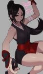  1girl agawa_ryou artist_name bare_shoulders black_hair commentary dated english_commentary eyebrows grey_background high_ponytail kunai long_hair looking_at_viewer original ponytail signature simple_background smile solo thighs weapon 