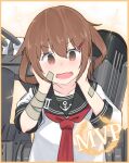  1girl absurdres bandaged_arm bandages bandaid bandaid_on_arm bandaid_on_face brown_eyes brown_hair cannon fang hair_ornament hairclip highres ikazuchi_(kancolle) inica kantai_collection neckerchief red_neckwear rigging short_hair skin_fang smokestack solo turret upper_body 