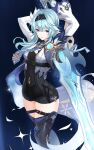  1girl absurdres arane_(lolitwin) arms_up blue_hair bodystocking cape eula_lawrence genshin_impact gloves hairband half-closed_eyes highres holding holding_sword holding_weapon leotard long_sleeves necktie solo sword weapon 
