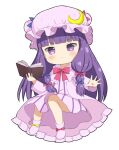  1girl :&lt; \||/ bangs blunt_bangs blush book chibi crescent crescent_hat_ornament crys_(dai) dress foreshortening full_body hat hat_ornament highres holding holding_book long_hair mob_cap open_book patchouli_knowledge pink_dress purple_hair simple_background solo touhou v-shaped_eyebrows very_long_hair violet_eyes white_background 