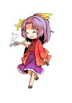  1girl brown_footwear chibi closed_eyes dairi fan hair_ribbon hand_up holding holding_fan japanese_clothes kimono komakusa_sannyo long_sleeves medium_hair multicolored multicolored_clothes open_mouth ponytail purple_hair red_sleeves ribbon simple_background smile solo standing tachi-e touhou white_background yellow_ribbon 