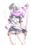  1girl ass black_hair looking_at_viewer ninja_slayer panties scarf short_hair simple_background skirt solo striped striped_panties sword tukiwani underwear violet_eyes weapon white_background yamoto_koki 