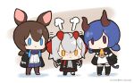  3girls :&gt; :&lt; :3 =3 ambience_synesthesia amiya_(arknights) animal_ears arknights ascot black_jacket black_legwear black_skirt blue_eyes blue_hair blue_neckwear blue_skirt blush brown_hair brown_legwear ch&#039;en_(arknights) chibi commentary demon_horns dragon_horns dragon_tail grey_hair grey_shirt headpat hm_(hmongt) horns jacket multiple_girls necktie nose_blush open_clothes open_jacket pantyhose pleated_skirt rabbit_ears shirt short_twintails shorts skirt sweatdrop tail thigh-highs twintails twitter_username v-shaped_eyes violet_eyes w_(arknights) waving_arms white_background white_shirt yellow_eyes yellow_neckwear 