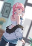  1girl ;) arknights bangs bare_shoulders blue_eyes blue_poison_(arknights) blue_poison_(shoal_beat)_(arknights) blurry blurry_background braid camisole crop_top du_mogu hairband hand_up highres holding jacket long_hair midriff off_shoulder one_eye_closed pink_hair smile solo spaghetti_strap sports_bra twin_braids white_jacket 