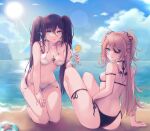  2girls absurdres antay6oo9 ass barefoot beach bikini black_bikini blonde_hair blue_sky breasts cup drink drinking_glass drinking_straw earrings eyepatch feet fischl_(genshin_impact) genshin_impact green_eyes hair_ribbon highres holding holding_drink jewelry kneeling looking_at_viewer looking_back mona_megistus multiple_girls ocean purple_hair ribbon side-tie_bikini sideboob sitting sky small_breasts summer sun sunlight swimsuit twintails white_bikini 