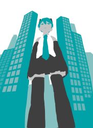  1girl adapted_hairstyle alternate_hair_length_(shorter) aqua_eyes aqua_hair aqua_necktie black_sleeves cityscape commentary corrupted_twitter_file detached_sleeves hair_between_eyes hatsune_miku headset highres nadegata_(rennsyuu000) necktie shirt simple_background sleeveless sleeveless_shirt solid_eyes solo thigh-highs vocaloid white_background 