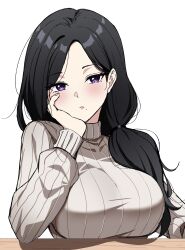  1girl black_hair blush breasts grey_sweater highres large_breasts long_hair looking_at_viewer original portrait reia_76 ribbed_sweater sweater turtleneck upper_body violet_eyes white_background 