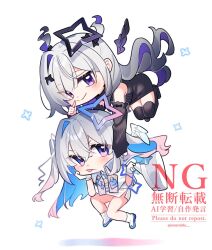  2girls :p alternate_hair_length_(longer) amane_kanata amane_kanata_(heavenly_guard_mission) amane_konata angel angel_wings black_halo black_sleeves black_sweater black_thighhighs blue_eyes blue_hair chibi closed_mouth colored_inner_hair commentary_request detached_sleeves detached_wings eme_(emeralda) full_body grey_hair halo hand_on_own_chin hat head_rest holding holding_unworn_clothes holding_unworn_hat hololive long_hair long_sleeves looking_at_viewer midair mini_wings multicolored_hair multiple_girls official_alternate_hairstyle ribbed_sweater shoes siblings simple_background single_hair_intake sisters smile sweater thigh-highs tongue tongue_out unworn_hat unworn_headwear violet_eyes virtual_youtuber watermark white_background white_hat white_shoes white_wings wings 