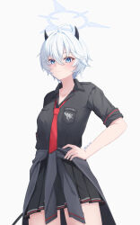  1girl :3 absurdres arm_behind_back azurarts black_jacket black_shirt black_skirt blue_archive blue_eyes blue_halo blush breasts clothes_around_waist collared_shirt commentary_request demon_girl demon_horns demon_tail erika_(blue_archive) gehenna_academy_logo hair_between_eyes halo hand_on_own_hip highres horns jacket jacket_around_waist looking_at_viewer medium_hair miniskirt necktie pleated_skirt red_necktie shirt skirt small_breasts smile standing tail thighs white_hair 