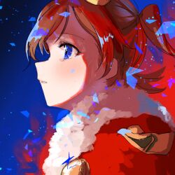  1girl aijo_karen alternate_eye_color badge blue_background blue_eyes brown_hair cape commentary_request from_side fur-trimmed_cape fur_trim highres looking_ahead making-of_available one_side_up parted_bangs parted_lips plain_epaulettes profile red_background red_cape samochau short_hair shoujo_kageki_revue_starlight side_cape sidelighting solo sparkling_eyes star_(symbol) two-tone_background upper_body 