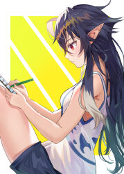  absurdres armpits black_shorts blue_hair blush book commentary_request fang fangs from_side highres holding holding_book irina_luminesk long_hair long_pointy_ears pointy_ears red_eyes shorts sleeveless thighs tsuki_to_laika_to_nosferatu vampire writing xiaolongjun 