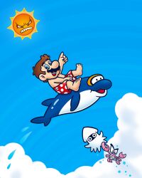  1boy angry angry_sun artist_request barefoot blooper_(mario) blue_eyes blue_sky brown_hair clenched_teeth clouds commentary_request crab dolphin dolphin_(super_mario_world) facial_hair feet full_body goggles highres male_focus mario midair mismatched_facial_hair mustache official_art open_mouth pointing polka_dot red_swim_trunks riding riding_animal second-party_source short_hair sidestepper sky smile squid sun super_mario_bros. teeth toes topless_male upper_teeth_only water water_drop 