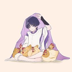  1boy barefoot bird black_hair blunt_ends bright_pupils chicken choppy_bangs closed_mouth clothing_cutout eyeliner full_body genshin_impact hand_up highres indian_style japanese_clothes kariginu kimono layered_sleeves looking_at_viewer makeup male_focus open_hand pants pingfanhh purple_kimono purple_sleeves purple_veil red_eyeliner scaramouche_(genshin_impact) scaramouche_(kabukimono)_(genshin_impact) see-through_clothes see-through_veil shoulder_cutout simple_background sitting smile solo split_mouth toes veil violet_eyes white_pants white_pupils white_sleeves wide_sleeves 
