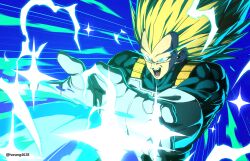  1boy absurdres armor blonde_hair blue_background blue_bodysuit bodysuit dragon_ball dragon_ball_daima final_flash gloves glowing glowing_eyes green_eyes highres horang4628 long_hair muscular muscular_male no_eyebrows saiyan_armor solo spiky_hair super_saiyan super_saiyan_3 vegeta white_armor white_gloves 
