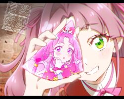 1girl capelet chromatic_aberration commentary_request covering_own_eyes cure_mystique fingerless_gloves glass_shard gloves green_eyes grin hair_ribbon highres holding holding_glass_shard kobayashi_mikuru kyoutsuugengo letterboxed long_hair looking_at_viewer meitantei_precure! neck_ribbon one_eye_covered parted_bangs pink_capelet pink_eyes pink_hair pink_ribbon portrait precure princess purple_hair queen reflection ribbon shirt smile solo twintails white_gloves white_shirt