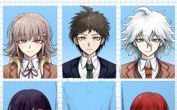  2boys 3girls ahoge blending blue_jacket brown_hair brown_jacket closed_mouth collared_shirt commentary_request danganronpa_(series) danganronpa_2:_goodbye_despair expressionless flipped_hair green_eyes highres hinata_hajime hope's_peak_academy_school_uniform jacket kmnm_1403 koizumi_mahiru komaeda_nagito lapels looking_at_viewer medium_hair multiple_boys multiple_girls nanami_chiaki neck_ribbon notched_lapels pink_eyes pink_hair purple_hair red_hair red_ribbon ribbon school_uniform shirt sidelocks tsumiki_mikan white_shirt yearbook 