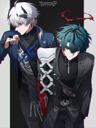  2boys absurdres ahoge aqua_hair ardashir_(arknights) arknights arknights:_endfield armor belt belt_buckle black_background black_belt black_gloves black_jacket black_pants black_sweater blue_eyes blue_jacket bright_pupils buckle buttons camille_(arknights) chinese_commentary chromatic_aberration closed_mouth commentary_request earclip earrings elbow_gloves expressionless finger_tattoo gloves green_sweater grey_background grey_sash hair_over_shoulder halo hand_up hands_in_pockets headgear highres jacket jewelry lapels long_hair long_sleeves looking_at_viewer low_ponytail lower_eyelashes_only male_focus multicolored_hair multiple_boys multiple_rings notched_lapels open_clothes open_jacket pants partially_fingerless_gloves pauldrons pinstripe_jacket pinstripe_pattern pointy_ears ponytail profile red_eyes red_gloves red_halo red_streaks ribbed_sweater ring sash short_ponytail shoulder_armor shoulder_belt shoulder_sash silver_ring simple_background single_earring single_elbow_glove single_glove single_pauldron spiked_halo streaked_hair suit_pants sweater tattoo thigh_strap tupikeee turtleneck turtleneck_sweater two-tone_background two-tone_hair upper_body very_long_hair white_hair white_pupils 