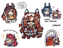 3girls admire_groove_(umamusume) animal_ears black_eyes blue_hair bow brown_hair burger chibi chibi_only closed_mouth commentary crossed_arms different_reflection dress drooling ear_covers eating english_commentary english_text fast_food food french_fries full_body full_mouth hair_between_eyes highres holding holding_burger holding_food horse_ears horse_girl horse_tail long_sleeves looking_ahead looking_at_another looking_at_viewer loves_only_you_(umamusume) mirror mole mole_under_mouth mouth_drool multicolored_hair multiple_girls official_alternate_costume one_eye_closed parted_bangs pikminpreggedup pink_hair red_eyes red_hair reflection school_uniform shirt simple_background smile standing still_in_love_(casual)_(umamusume) still_in_love_(scarlet_vow_raiment)_(umamusume) still_in_love_(umamusume) tail tracen_school_uniform two-tone_hair umamusume upper_body veil white_background white_hair wrist_cuffs 