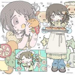  1girl 2026 :3 :o apron blush_stickers brown_eyes brown_hair burger closed_eyes commentary commission dress food hair_ornament hdktyan holding holding_burger holding_food holding_tray multiple_views open_mouth original oven_mitts sample_watermark short_sleeves skeb_commission standing tray watermark yellow_dress 