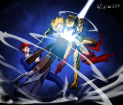  1boy 1girl 2boys absurdres armor battle blonde_hair commentary derivative_work emiya_shirou english_commentary fate/stay_night fate_(series) firing gilgamesh_(fate) gold_armor highres holding holding_weapon jewelry linus208 long_sleeves male_focus multiple_boys official_art_redraw open_mouth orange_hair pile_bunker raglan_sleeves red_eyes seventh_holy_scripture short_hair tsukihime tsukihime_(remake) type-moon weapon yellow_eyes 
