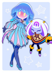  2girls absurdres blue_background blue_shoes character_request closed_eyes colored_skin commentary_request criss-cross_halter full_body halterneck highres jellyfish_girl kirby_(series) kirby_and_the_world_beyond kurione_love multicolored_hair multiple_girls mysterious_girl_(kirby_and_the_world_beyond) purple_hair purple_skin shoes star_(symbol) tentacle_hair two-tone_hair white_hair yellow_eyes 