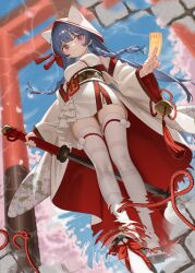  1girl animal_hat arm_tattoo bell blue_hair braid cat cat_hat detached_sleeves expressionless female_pov full_body hakama hat highres holding holding_ofuda holding_sword holding_weapon japanese_clothes jin_se_zhu_yang_guang jingle_bell kagura_suzu katana kimono long_hair long_sleeves looking_at_viewer miko ofuda original pantyhose pov reflection reflective_liquid ribbon_trim scenery shiromuku solo sword tattoo thigh-highs thighs torii uchikake violet_eyes weapon white_thighhighs wide_sleeves witch_hat 