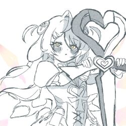  1girl blush hair_between_eyes hair_ornament hairclip holding holding_scissors kuru2 long_hair looking_at_viewer open_mouth phoenix_reffaella scissors shirt simple_background solo spot_color upper_body weapon white_background zenless_zone_zero 