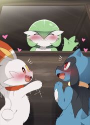  1girl 2boys :d ^_^ blush closed_eyes closed_mouth commentary dagasi furry furry_male gardevoir green_hair heart highres looking_at_another motion_lines multiple_boys open_mouth pokemon pokemon_(creature) red_eyes riolu salute scorbunny short_hair smile 