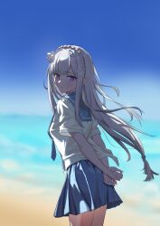  1girl absurdres alternate_costume arms_behind_back beach blue_sailor_collar blue_skirt blurry blurry_background braid closed_mouth commentary crown_braid day elf emilia_(re:zero) flower from_side grey_hair hair_flower hair_ornament highres horizon long_hair looking_at_viewer looking_back low-tied_long_hair ocean outdoors pleated_skirt pointy_ears re:zero_kara_hajimeru_isekai_seikatsu rin_(fan_chelly) sailor_collar sand school_uniform serafuku shirt shore short_sleeves skirt sky standing violet_eyes water white_shirt x_hair_ornament 
