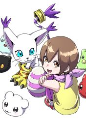  1girl absurdres bare_shoulders botamon brown_eyes brown_hair bubbmon cat child commentary_request digimon digimon_(creature) digimon_adventure digitama egg eikenkobayashi group_picture highres pants pink_pants pink_scarf poyomon punimon scarf shirt simple_background tail tail_ornament tail_ring tailmon white_background yagami_hikari yellow_shirt yukimibotamon 