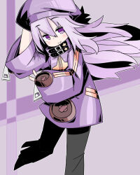  1girl arm_up ashi_karekusa bad_id bad_pixiv_id black_pants boots closed_mouth coat hair_between_eyes hat long_hair looking_at_viewer pants purple_coat purple_hair purple_hat sekaiju_no_meikyuu sekaiju_no_meikyuu_3 simple_background smile solo split_mouth star_(symbol) violet_eyes wide_sleeves zodiac_(sekaiju) zodiac_2_(sekaiju) 
