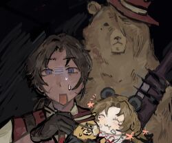  1boy 2girls animal_ears animalization bear bear_ears birthday_cake blush cake cake_slice dark-skinned_male dark_skin fedora food fork hat heathcliff_(project_moon) highres kisaragi_2112 limbus_company multiple_girls nervous_sweating project_moon rodion_(project_moon) scared sweat sword thumb_(identity)_(project_moon) weapon 