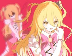  1girl blonde_hair bow bowtie commentary_request don_quixote_(project_moon) e.g.o_(project_moon) garter_straps hair_ornament heart heart_hair_ornament in_the_name_of_love_and_hate_(e.g.o) korean_commentary limbus_company lobotomy_corporation_(identity)_(project_moon) long_hair long_sleeves looking_at_viewer magical_girl o3hww3ibdzocfre open_mouth pink_bow pink_bowtie pink_garter_straps pink_skirt pink_vest project_moon simple_background skirt solo thigh-highs two_side_up vest yellow_eyes 