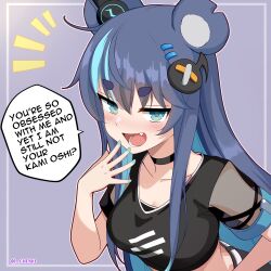  1girl :d absurdres animal_ears aqua_nails bear_ears belt black_choker black_shirt black_skirt blue_eyes blue_hair chenki_(chenki) choker collarbone colored_inner_hair commentary crop_top english_commentary english_text fang fujikura_uruka fujikura_uruka_(1st_costume) gradient_background grey_background hair_between_eyes hair_ornament hairclip half-closed_eyes hand_on_own_face hand_up highres inset_border jitome light_blush looking_at_viewer mesugaki_pose multicolored_hair musical_note musical_note_hair_ornament nail_polish narrowed_eyes no_jacket notice_lines open_mouth outside_border parallel_hairclips phase_connect print_shirt see-through_clothes shirt simple_background skirt smile smug solo speech_bubble t-shirt thick_eyebrows twitter_username upper_body virtual_youtuber white_belt 
