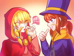  !? 2girls :o a_hat_in_time blonde_facial_hair blonde_hair blue_eyes brown_hair cape capelet commentary dress facial_hair fake_facial_hair fake_mustache fingernails hair_tie hand_up hat hat_kid hat_ribbon highres hood hood_up hooded_capelet jacket jibung long_hair long_sleeves looking_at_another medallion medium_hair multiple_girls mustache mustache_girl open_mouth orange_background parted_lips pointing pointing_at_self pointing_with_thumb ponytail purple_hat purple_jacket red_capelet red_dress ribbon sidelocks smile speech_bubble spiral star_(symbol) sweat top_hat twitter_username untranslatable_commentary yellow_cape yellow_eyes yellow_ribbon zipper_pull_tab 