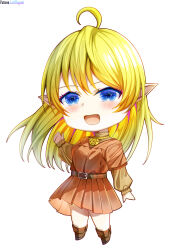  absurdres artist_name belt blonde_hair blue_eyes chibi commission commissioner_upload dress elf flat_chest highres jewelry long_hair lori_hagami lotte_farona necklace official_art orange_dress orange_shirt orange_skirt patreon_username pointy_ears shirt skirt ways_of_darkness_(series) 