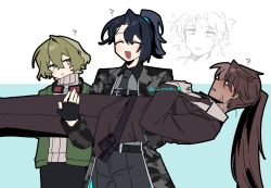  3boys ? ^_^ black_necktie blonde_hair brown_jacket camouflage camouflage_coat carrying carrying_person closed_eyes coat confused cowboy_shot full-stop_office_(identity)_(project_moon) green_jacket grey_coat heathcliff_(project_moon) highres hong_lu_(project_moon) jacket limbus_company multiple_boys nantekottawo!! necktie open_mouth project_moon ribbed_sweater sinclair_(project_moon) smile sweater white_sweater yellow_eyes 